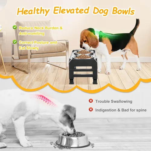 Vista 3 de Cuencos elevados para perros de 3 alturas ajustables con soporte elevado con cuencos de comida para perros de acero inoxidable de 25 oz