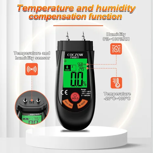 Vista 5 de Medidor de humedad de madera, con función de temperatura y humedad, adecuado para la determinación rápida del contenido de humedad de muchos tipos