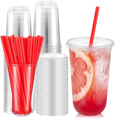 Vista 14 de Ziliny Juego de 50 vasos de plástico de paja negra con pajitas y tapas en forma de corazón, tazas desechables para café helado, mascotas