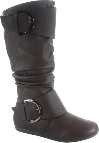 Vista 6 de TOP Moda Bank-81 Botas de mujer con puntera redonda, tacón plano, cierre de cremallera y hebilla, estilo holgado. Negro