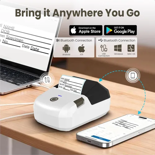 Vista 4 de Impresora térmica portátil, máquina etiquetadora Bluetooth con cinta, código de barras y modo de impresión de recibos pequeños, USB inalámbrico