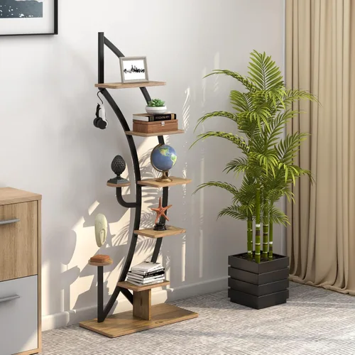 Vista 2 de Giantex Soporte de metal de 6 niveles para plantas de interior, estante de media luna de 61 pulgadas con colgador y dispositivo anticaído, soporte