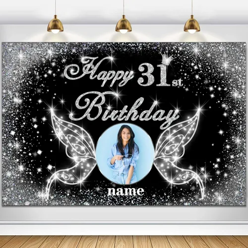 Vista 67 de Cartel personalizado de decoración de fiesta de cumpleaños número 100 - tema de alas de ángel - negro y plateado HY-NLK-100º