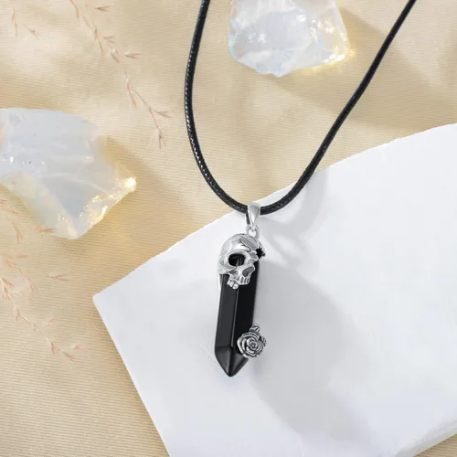 Vista 3 de OHAYOO Gothic Skull Pendant Necklace for Women Mens 925 Sterling Silver Rose SkullRib Cage Spider Black Quartz Crystal Necklace Christmas Jewlery