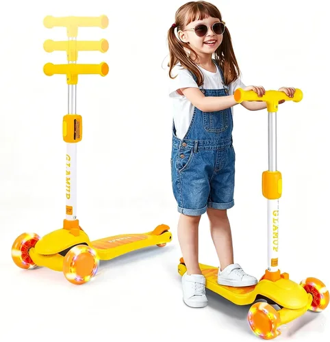 Vista 11 de GLAMUP Patinete para niños de 3 ruedas, manillar ajustable en altura para niños, sistema de inclinación para dirección y mecanismo de fácil plegado