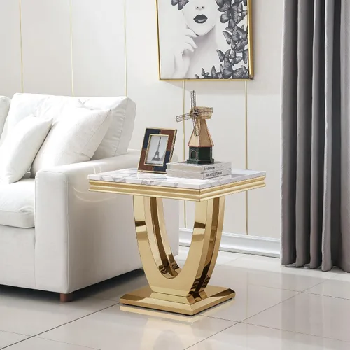 Vista 5 de Juego de mesa auxiliar de 2 piezas, mesa auxiliar de mármol sintético de oro blanco con 1 mesa auxiliar cuadrada, juego de mesa de sala de estar