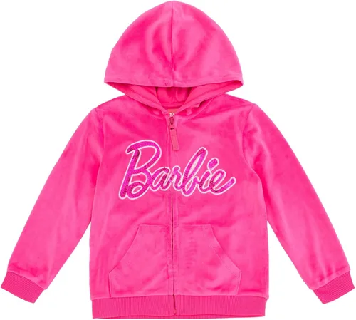 Vista 4 de Barbie Conjunto familiar de terciopelo con capucha y pantalones con cremallera a juego para niñas pequeñas y adultas