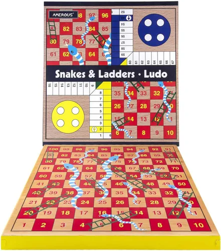 Vista 6 de AMEROUS Juego de mesa de ludo de madera de 12 pulgadas - Serpientes y escaleras, reversible 2 en 1, juego de dados familiar de 1-4 jugadores, juego