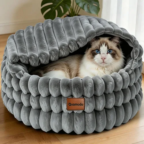 Vista 10 de Cama cueva para gatos de interior cubierta 2 en 1 camas para Beige