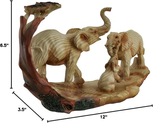 Vista 5 de Zeckos Estatua decorativa de aspecto de madera tallada Safari de la familia de elefantes
