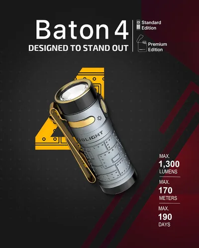 Vista 2 de OLIGHT Baton4 Linterna EDC recargable, luz de bolsillo LED de 1300 lúmenes con cable de carga magnético, 6 modos, IPX8 impermeable para el hogar