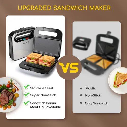 Vista 3 de Aigostar Sandwicherera, 3 en 1 Panini Press antiadherente Sandwichera Desayuno Queso a la parrilla, Tostadora de Pan de Acero Inoxidable