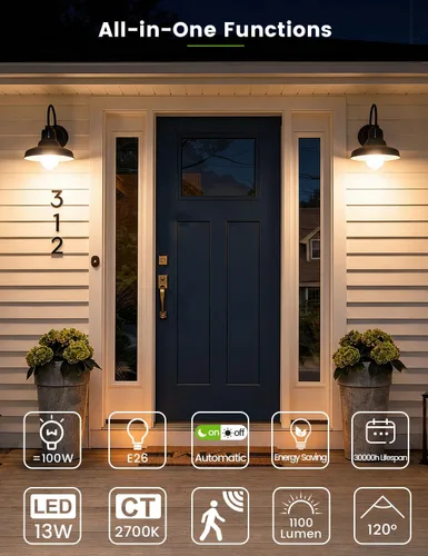 Vista 4 de Motion Sensor Light Bulbs Outdoor 2 Packs 13W(100W Equivalent) Security LED Bulb, Indoor E26, A19, 2700K Warm White Dusk to Dawn Bulb for Garage
