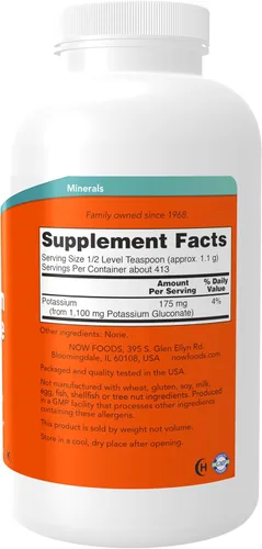 Vista 2 de NOW Suplementos, Gluconato de Potasio Polvo Puro 175 mg, Mineral Esencial*, 1 Libra