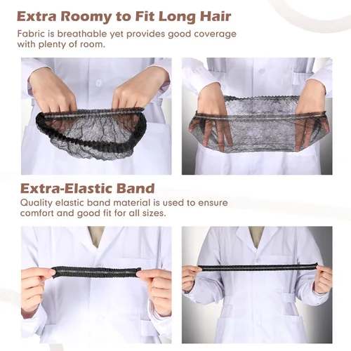 Vista 4 de Yahenda 500 gorras desechables Bouffant a granel para el cabello, redecillas elásticas para el polvo, para servicio de alimentos, enfermeras Negro