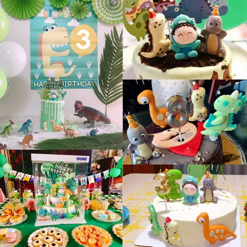 Vista 3 de Juego de 9 adornos para tartas con temática de dinosaurio, dinosaurios, cactus y decoración de pastel de feliz cumpleaños
