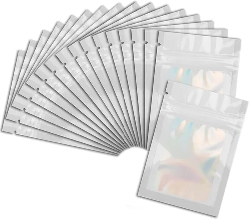 Vista 8 de 50 bolsas de Mylar negras de 2.7 x 3.9 pulgadas con ventana transparente, bolsa holográfica resellable para almacenamiento de alimentos, joyas