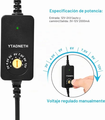 Vista 4 de Adaptador de cargador de coche con 3 V, 4.5 V, 5 V, 6 V, 7.5 V, 9 V, 12 V, 2 A, encendedor de cigarrillos automático, enchufe macho, cable adaptador