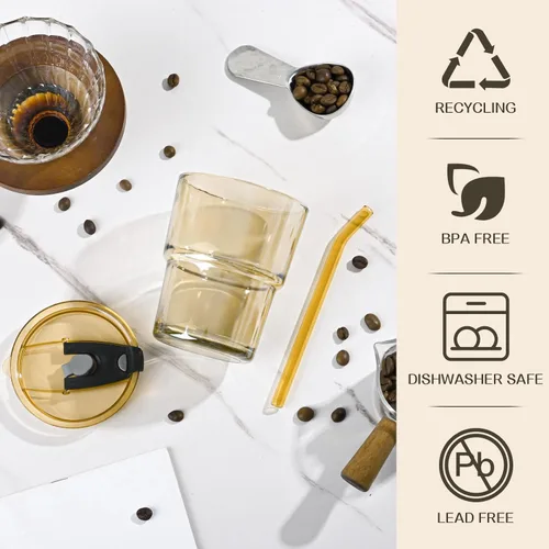 Vista 3 de Vaso reutilizable de 13 onzas para café helado con tapas, vaso transparente para agua, paquete de 2 vasos de vidrio con popote y tapa, vaso