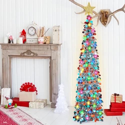 Vista 9 de RACPNEL Árbol de Navidad de oropel desplegable de 5 pies con luces LED, lentejuelas, adorno de árbol, árbol de Navidad plegable artificial