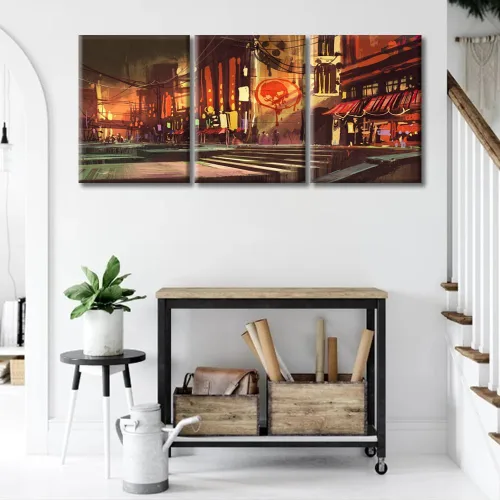 Vista 2 de Arte de pared de 3 piezas de escena de ciencia ficción de la calle comercial futurista paisaje urbano, decoración de pared para dormitorio