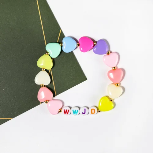 Vista 2 de Caiyao Pulsera elástica ligera con cuentas de corazón arcoíris WWJD para mujer, con texto en inglés What Would Jesus Do Hand, pulseras elásticas