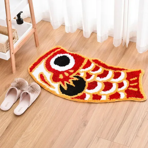 Vista 8 de Bonita alfombra de baño con diseño de pez, suave, antideslizante, estilo japonés, con bandera de Koi, alfombra para ducha, tapete