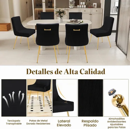 Vista 6 de adochr - Juego de 2 sillas de comedor de terciopelo con patas de metal dorado, color negro