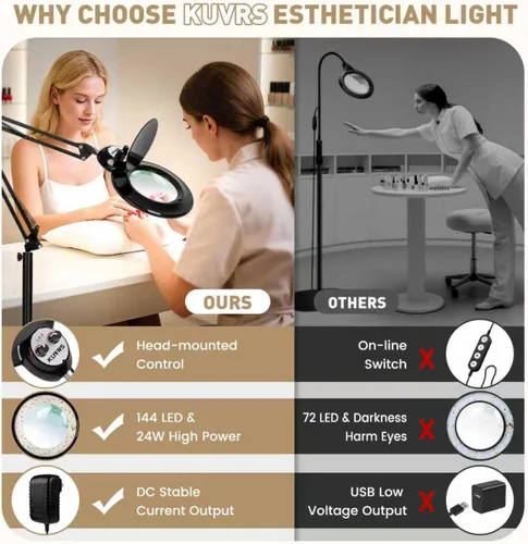 Vista 3 de Lámpara de pie para esteticistas, lámpara de pie de aumento 10X con base rodante de 5 ruedas, 2200 lúmenes, atenuación infinita cálida y fría, lupa