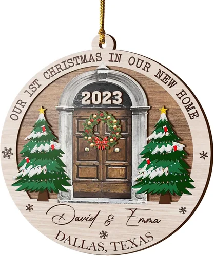 Vista 13 de V VIBEPY Adornos personalizados para casa nueva, adornos de Navidad para el hogar, adornos de madera de Navidad, 3.5 pulgadas, adornos de 3 capas