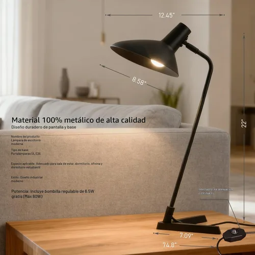 Vista 2 de Lámpara de escritorio industrial moderna de metal de 22 pulgadas, cuello ajustable (4000 K) con interruptor ajustable, ideal para oficina Negro arena