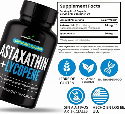 Vista 5 de Astaxantina liposomal 24 mg + licopeno 50 mg - 60 cápsulas Potente antioxidante para ojos, piel, corazón e inmune Complejo de microalgas