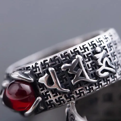 Vista 8 de JUNTEN Feng Shui PIXIUToad MANI Mantra Ring 990 Sterling Silver Ring Amulet Lucky Wealth Open Adjustable Rings Buddhist Jewelry