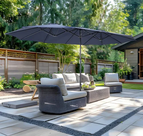 Vista 43 de Sombrilla de doble cara para patio de 15 x 9 pies con base y manivela, sombrilla rectangular extragrande para patio, césped y jardín, beige