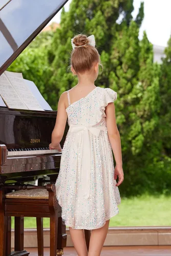 Vista 9 de GRACE KARIN Vestido de lentejuelas de un hombro para niñas, vestido de fiesta alto y bajo para 5-14 años