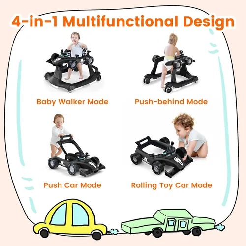 Vista 3 de HONEY JOY Andador de bebé 4 en 1, caminador de actividad con 3 alturas ajustables, ruedas suaves con velocidad ajustable, asiento acolchado, música