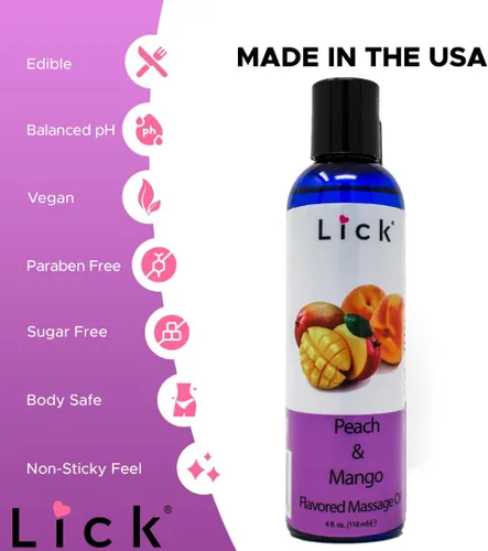 Vista 9 de Lick Aceite de masaje con sabor a mango de durazno – Aceite de masaje comestible de mezcla tropical jugosa con vitamina E, ligero deslizamiento