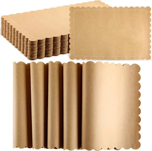 Vista 10 de 100 manteles individuales desechables de papel kraft marrón, rectangular, rústico, estampado, festoneado, marrón, para bodas, aniversarios, fiestas