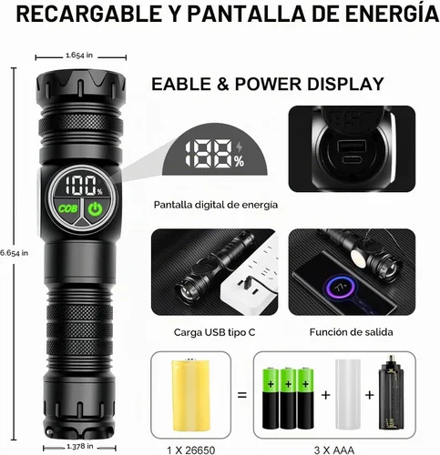 Vista 7 de iodoo Linterna recargable 3 en 1 de 5000 lúmenes, luz fuerte para exteriores de mazorca, haz de zoom de 5000 mAh, luz de flash LED con imán de falla