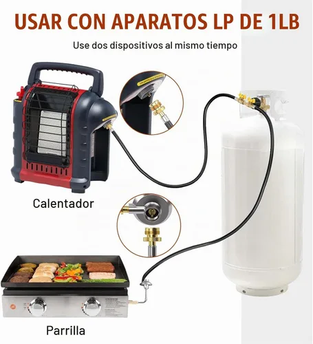 Vista 4 de Manguera divisora de propano de 5 pies de 2 vías con válvula de cierre, convertidor compatible con calentadores Camp Buddy, plancha parrilla Weber