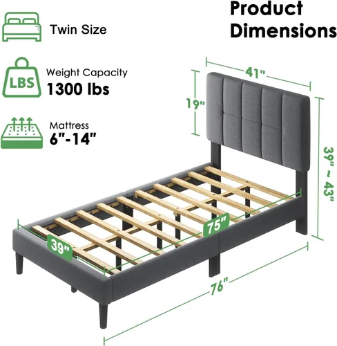 Vista 2 de Marsail Base de cama tamaño twin con cabecero, resistente y duradero con 12 patas de soporte, capacidad de 1300 libras, cabecero tapizado de madera