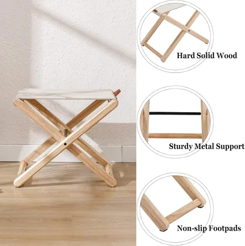 Vista 4 de Juego de 2 taburetes plegables de madera, de madera dura, de 18.5 pulgadas, taburete plegable portátil de pesca con soporte de metal resistente