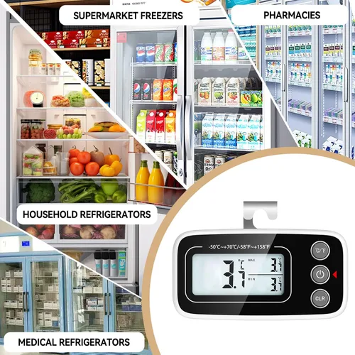 Vista 3 de Termómetro digital para refrigerador, 2 unidades, termómetro para nevera, congelador con pantalla LCD grande, incluye soporte, placa trasera