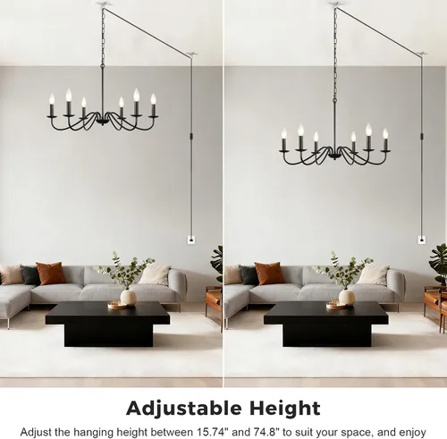 Vista 7 de Lámpara de araña enchufable con cable largo, candelabros estilo granja negros de 6 luces para lámpara de comedor, luces colgantes con cable