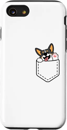 Vista 13 de iPhone 15 Funny Peeking Tricolor Corgi dentro del bolsillo para el caso del dueño del perro