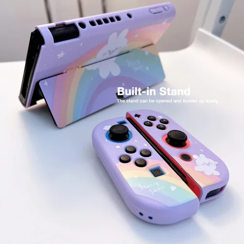 Vista 3 de Starry Forest Lindas fundas protectoras para Nintendo Switch OLED con fundas Joycon Stick, cubierta dura de plástico púrpura para consola Switch