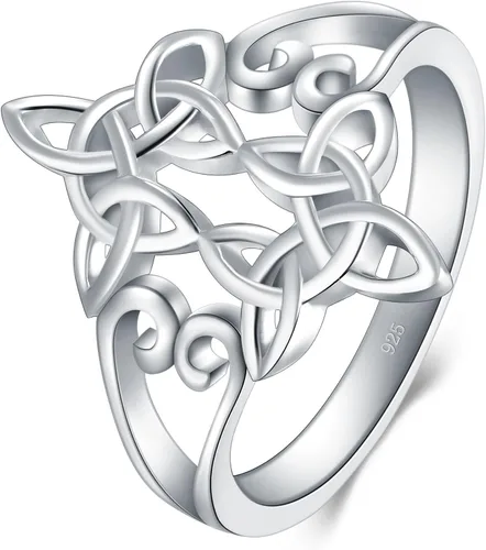Vista 2 de Anillo de plata de ley 925 Boruo con nudo celta de corazón y cruz de alto pulido, resistente al deslustre, anillo apilable para boda