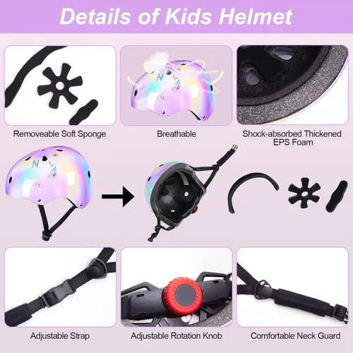 Vista 5 de Casco para niños, casco de bicicleta para niños pequeños con pegatinas DIY Unicornio, rodilleras y coderas ajustables, juego de protección para Rosa