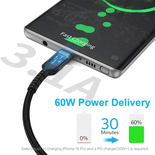 Vista 2 de Cable de carga USB C de 6 pulgadas, paquete de 2 cables cortos USB C a C trenzados de carga rápida, cable USBC compatible con iPhone 15, Samsung