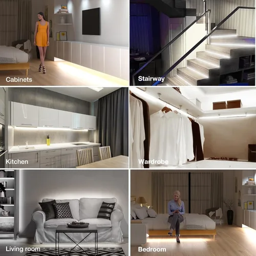 Vista 6 de Kit de iluminación LED con sensor de movimiento regulable Sensky para debajo del gabinete, tira de luz LED con sensor de movimiento, adaptador